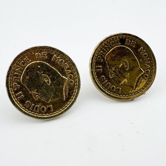 Vintage Louis II Prince de Monaco Coin Earrings - Gold Tone Screw Back Clip On - Picture 9 of 10
